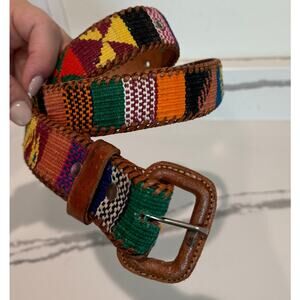 Multicolor Patterned Belt with Brown Leather Accents